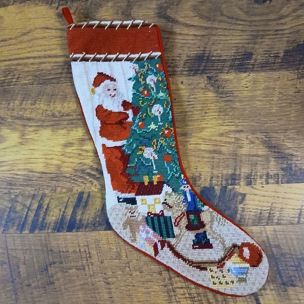 Vintage Needlepoint Christmas Stocking Santa Tree Toys 21" Velvet Backing